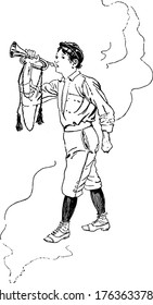 A boy playing a horn, a musical instrument made of a tube, made out of metal or brass, curved in various forms, with one narrow end into which the musician blows, and a wide end from which sound
