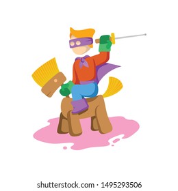 boy playing with horse toy. vector - illustration