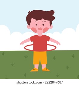 Boy playing hula hoop. Kids activity concept