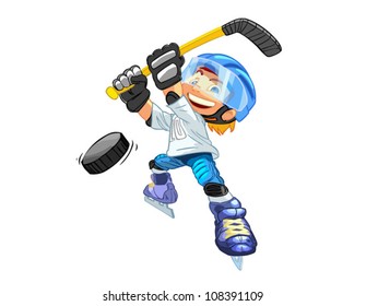 Boy playing in ice hockey on white background