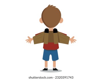 boy playing and imagining being a pilot and astronaut, child with cardboard wings. Vector illustration with isolated background.