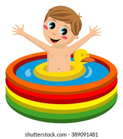 Boy playing in inflatable pool isolated