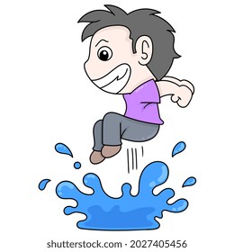 boy is playing jumping over puddles of water, vector illustration art. doodle icon image kawaii.
