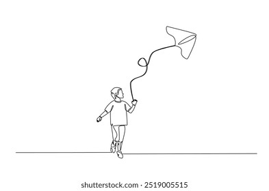 Um menino tocando pipa continuamente um desenho de linha. Criança correndo e jogando pipa em ilustração de arte de linha única. Vetor editável.  