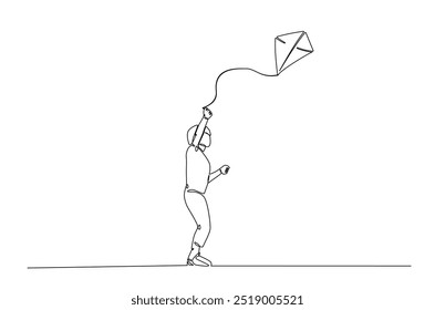 A boy playing kite continuous one line drawing. Kid running and playing kite in single line art illustration. Editable vector.  