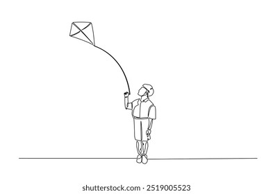 A boy playing kite continuous one line drawing. Kid running and playing kite in single line art illustration. Editable vector.  