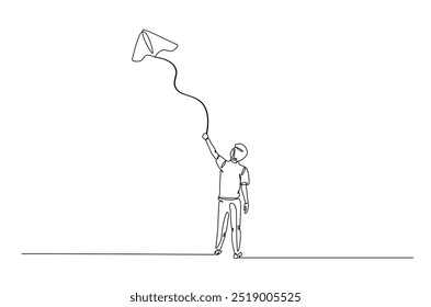 A boy playing kite continuous one line drawing. Kid running and playing kite in single line art illustration. Editable vector.  