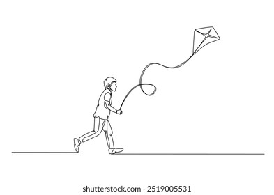 A boy playing kite continuous one line drawing. Kid running and playing kite in single line art illustration. Editable vector.  