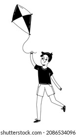 El niño está jugando con una cometa. Un niño feliz está volando una cometa en la calle. Ilustración vectorial en un lindo doodle en blanco y negro.