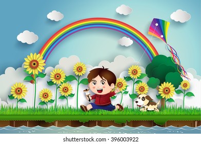 the boy playing a kite with his dog  in the sun flower field.paper art style.