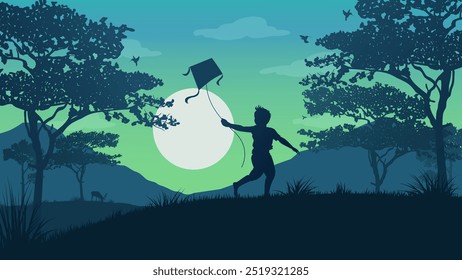 A Boy Playing a Kite on a Beautiful Day - Beautiful 2D Landscape Silhouette Wallpaper
