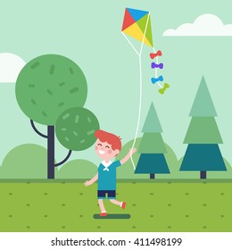 Boy playing with kite in the park, running with it on a rope. Smiling kid character. Modern flat vector illustration clipart.