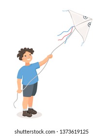 Boy playing with a kite. Smiling child flying kite. Vector illustration.

