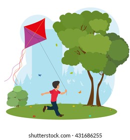 Boy playing kite. Vector. 