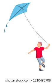 Boy playing kite. Vector illustration of a cheerful boy flying kite.