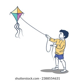  Boy playing with kite.Childhood memories art, Childhood memory vector simple line art illustration