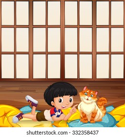 Boy playing with kitten in a room illustration