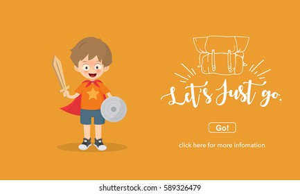 Boy playing knight toy.Travel and adventure concept. 