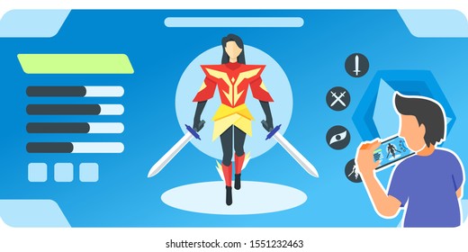 Boy playing mobile game with character display on the screen vector illustration and design. Smartphone gaming mode concept element. Can be used for web, mobile, infographic, and print.