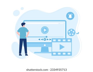Boy está reproduciendo película en el concepto de tendencia de computadora ilustración plana
