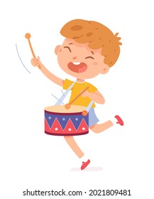 Boy playing music on drums and having fun. Active creative leisure for children vector illustration. Little kid with instrument making sound with sticks on white background.