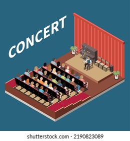 Boy Playing Musical Instrument In Front Of Audience At Art School Concert 3d Isometric Vector Illustration