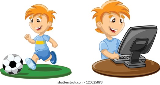 Boy is playing on a computer and playing computer
