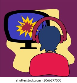 Boy playing on the computer video game. Cyber sport streamer with  headset. Online streaming and  gaming concept. Bloggers and pro gamers, live streaming. 