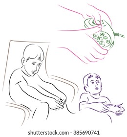 boy playing on the game console, click on the remote control buttons, TV game, PC game