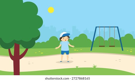 Muchacho que juega en la Ilustración vectorial del patio en estilo plano del diseño.