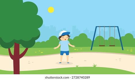 Junge, der auf dem Spielplatz spielt. Vektorgrafik im flachen Stil. Kinder spielen draußen.