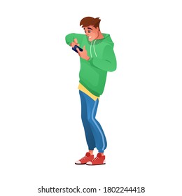Niño jugando con smartphone en juegos de teléfonos móviles, tipo de dibujos animados aislados vectoriales. Joven hipster o hombre usando un smartphone para juegos de internet en línea o chat y búsqueda de navegación