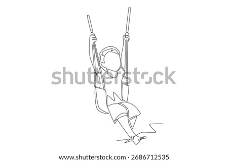 Boy playing on swing. Children playing concept one-line drawing