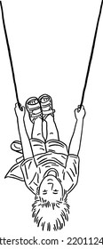 Boy playing on swing Hand drawn line art illustration