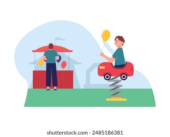 Boy playing on toy machine car and holding balloon, weekend festival. Character design. Vector flat illustration