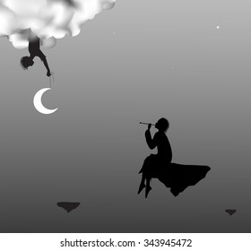 boy playing on trumpet for fairy that hold the moon in cloud, night dream fairytale, shadow life on heavens, preparation for fairy Christmas sky,