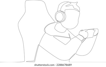 A boy playing online games using a headset and cellphone. Online gaming one-line drawing