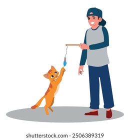 Niño jugando con un gato naranja, Ilustración vectorial.