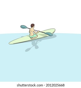 boy playing paddle board on the sea hand drawn with black lines isolated on white background illustration vector