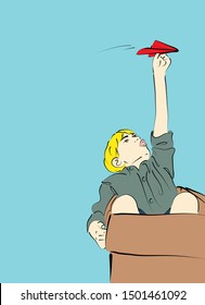 A boy is playing a paper airplane in a paper box, Imagine yourself flying a plane, Play that encourages development.