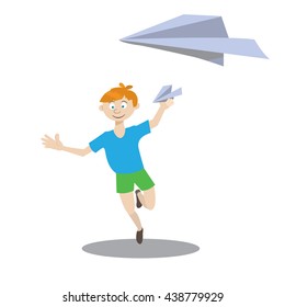 boy playing with paper airplane, flat design