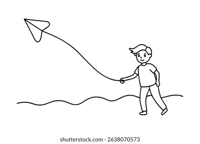 Boy playing with paper airplane line drawing illustration