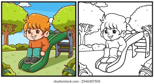 Boy playing in the park coloring page illustration