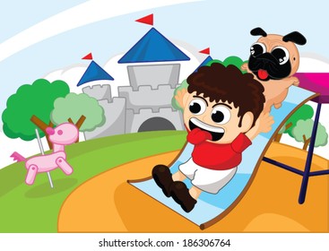 The boy was playing in the park with his dog.