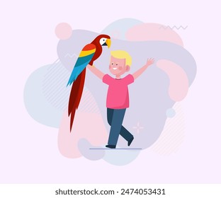 Niño jugando con loro. Niño feliz disfrutando de pasar tiempo con la Ilustración vectorial plana de pájaro. Cuidado de animales, zoológico de mascotas, concepto de compañero para el Anuncio, diseño de Sitio web o página de aterrizaje