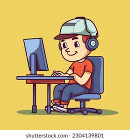 Boy Playing PC Gaming Computer Vector Cartoon Icon Illustration