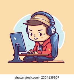 Boy Playing PC Gaming Computer Vector Cartoon Icon Illustration