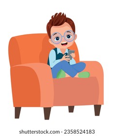 niño jugando con el teléfono de piernas cruzadas