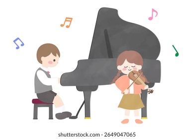 Um menino tocando piano e uma menina tocando violino: Ilustração de um recital de música