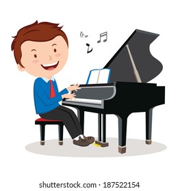 Boy playing piano. Pianist. Vector illustration of a happy boy playing piano.